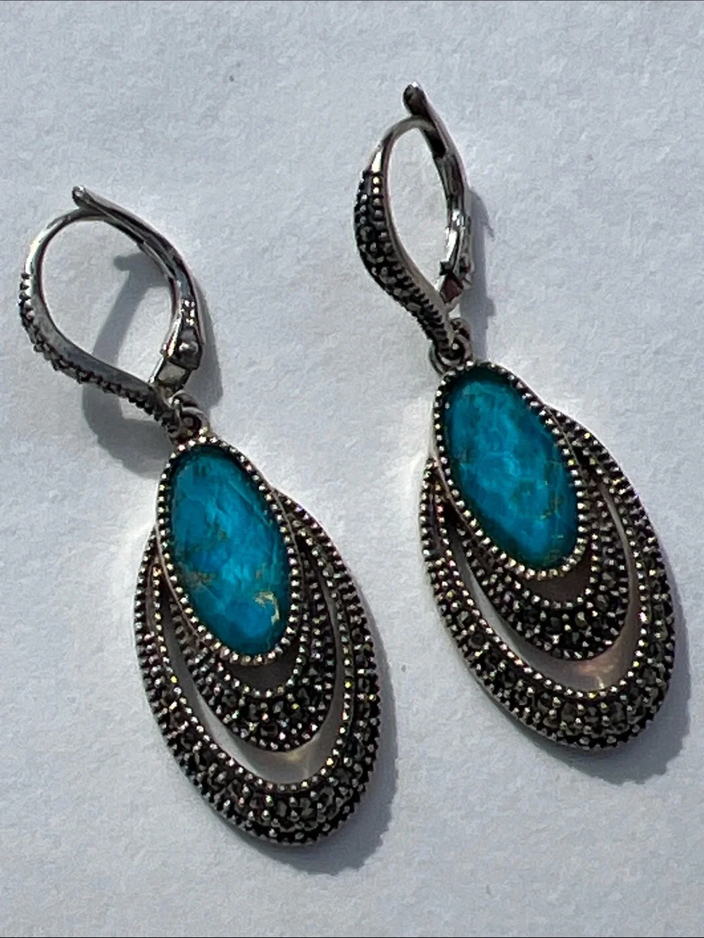 Blue Teardrop Dangle Earrings with Antiqued Silver Detail 925 Sterling